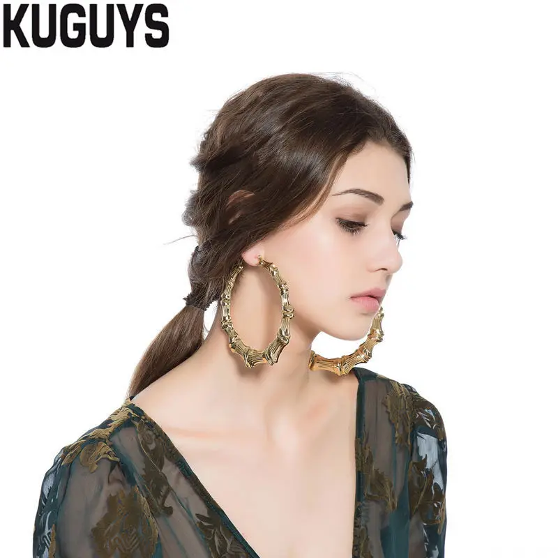 KUGUYS хип-хоп золотые бамбуковые обручи серьги для женщин круглые супер большие Серьги Pendientes модные Brincos модные ювелирные изделия Oorbelle