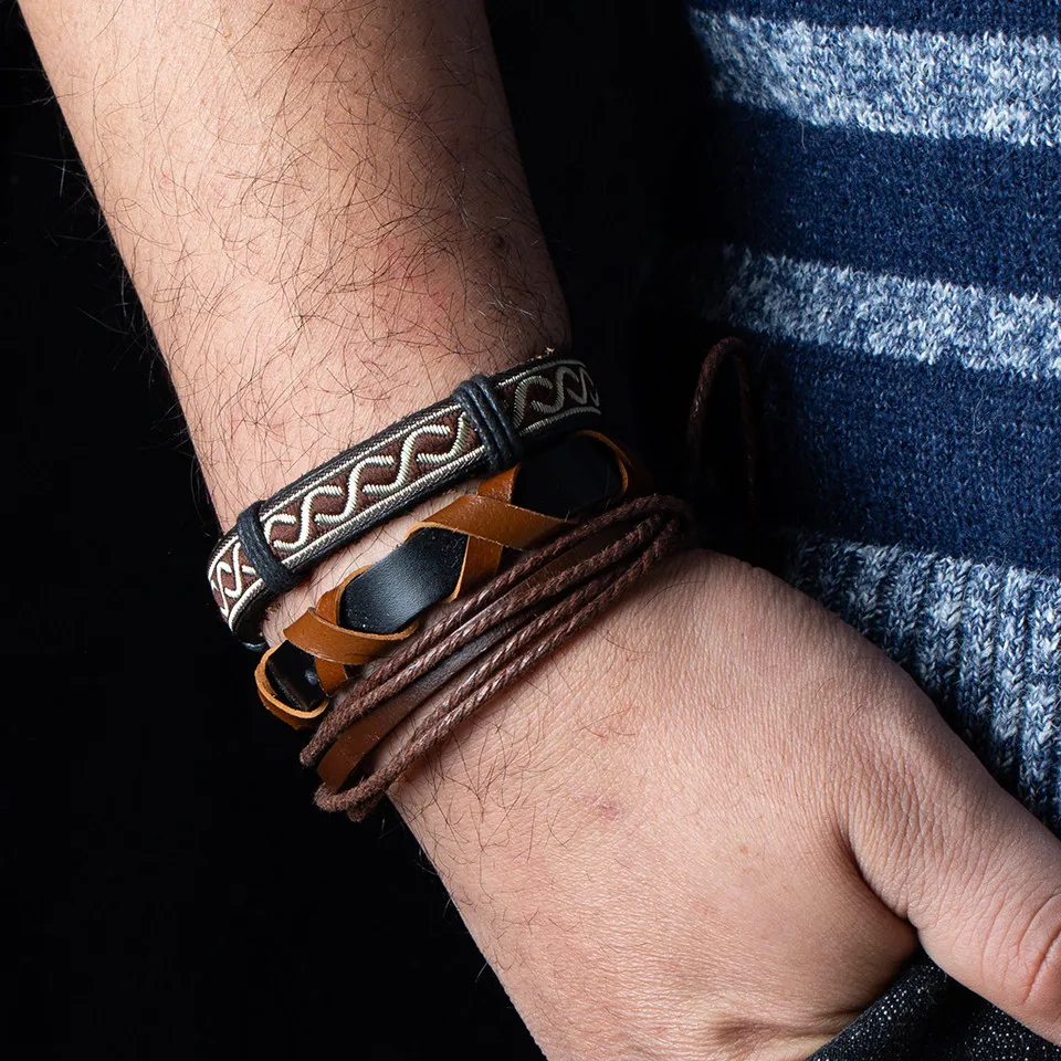 Wholesale 4pcs/lot Handmade ethnic tribal genuine rope wrap charming male pulsera black brown braided leather bracelets bangles