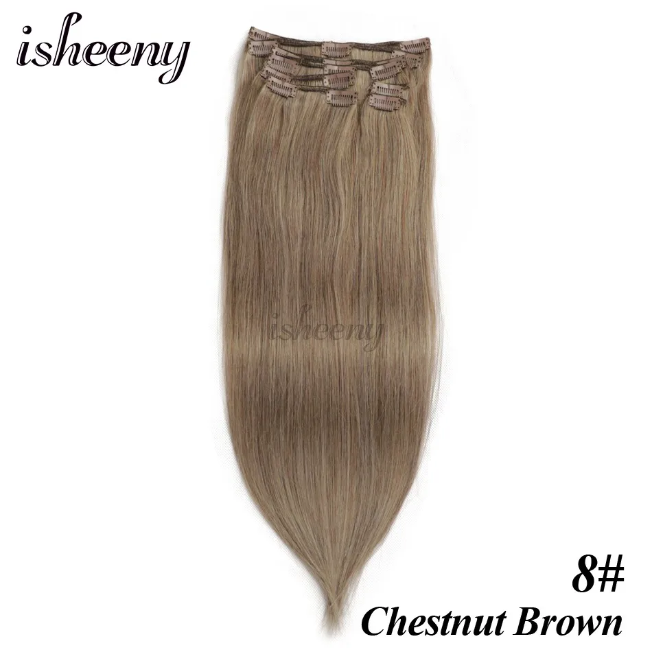 #8 Isheeny Remy(Реми), накладные волосы для наращивания 8 шт./компл. бесшовные натуральные человеческие волосы для наращивания на заколках, на всю голову, бразильский Однотонная одежда волосы на заколках - Цвет: #8