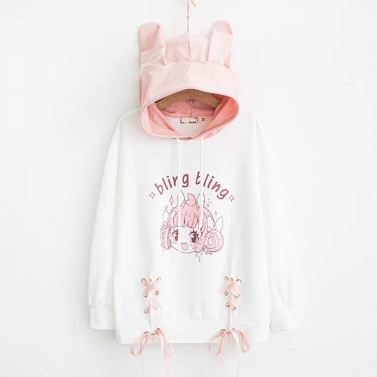 Kawaii Ear, женские толстовки с капюшоном, весна, длинный рукав, милая розовая Лолита, милые девушки, на шнуровке, свитшот с крестом, женские пуловеры