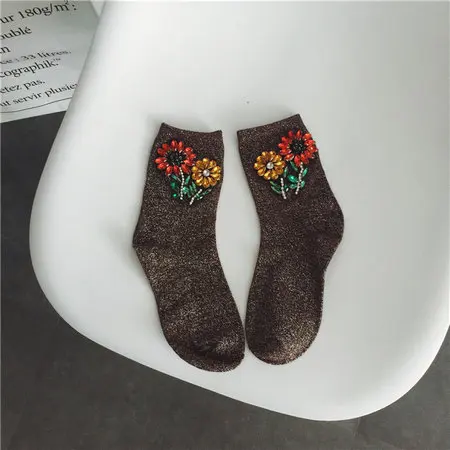 Женские зимние короткие шелковые носки, цветные Серебристые блестящие носки со стразами - Цвет: coffee
