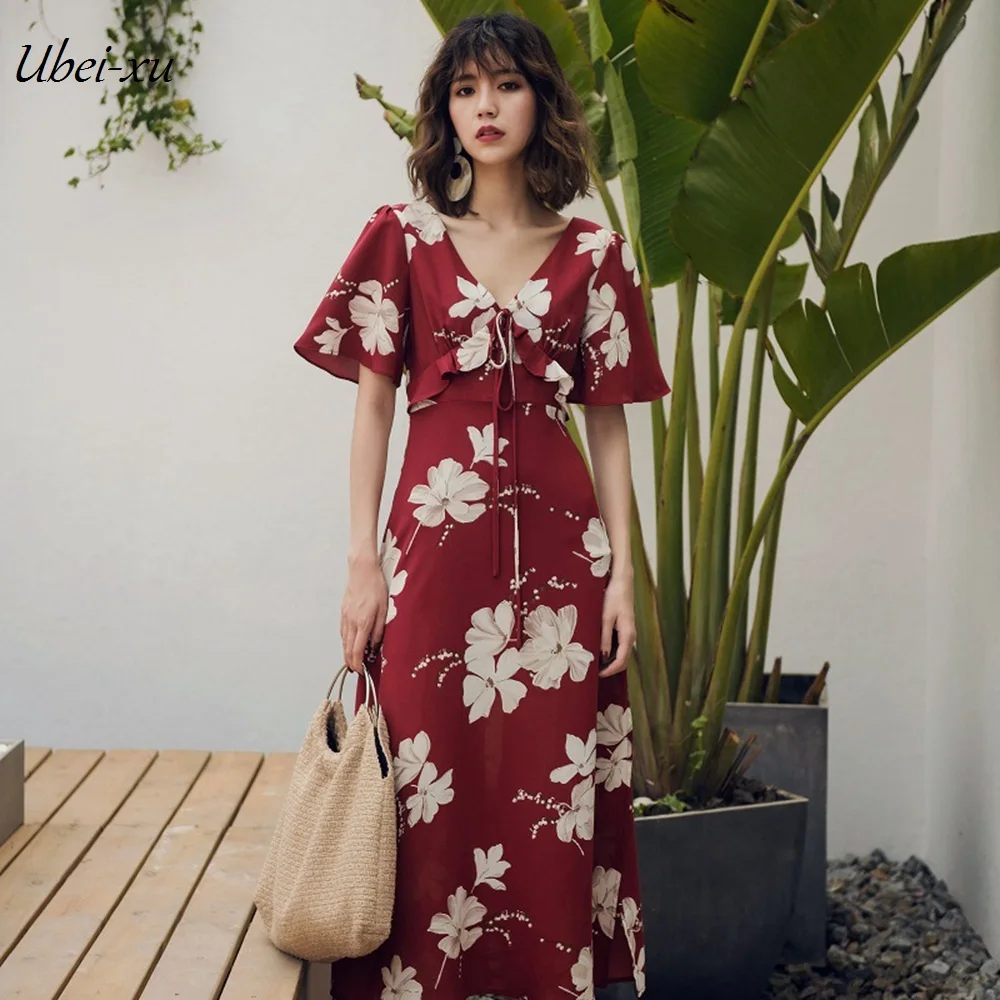 

Ubei Women red print summer dress new holiday dress V-neck summer dress ruffles high waist printing maxi chiffion dress