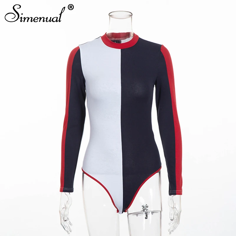 navy blue Simenual, осень, лоскутное боди, женская одежда, модная уличная одежда, длинный рукав, бандаж, сексуальные боди для женщин, цельный - Цвет: navy blue