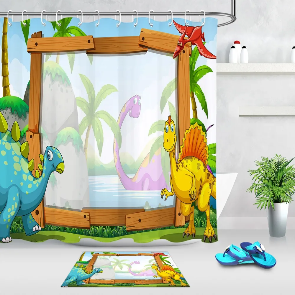 

Cartoon Dinosaur & Tropical Plants Shower Curtains Bathroom Curtain with Mat Set Anime Waterproof Fabric For Kids Bathtub Decor