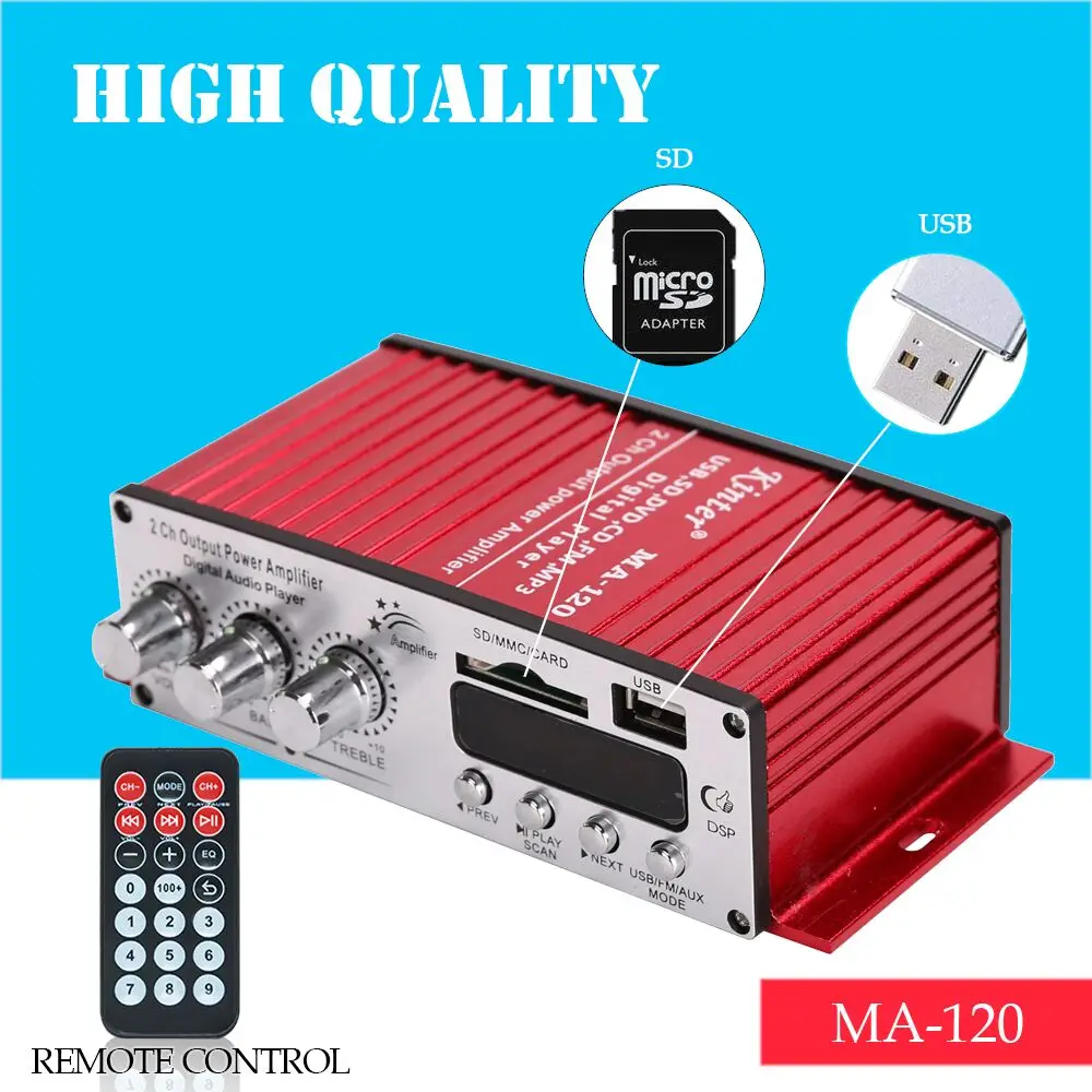 Kinter MA 120 мини Hi Fi усилитель аудио 2 канала DC12V с FM антенной и USB SD|Усилители мощности|