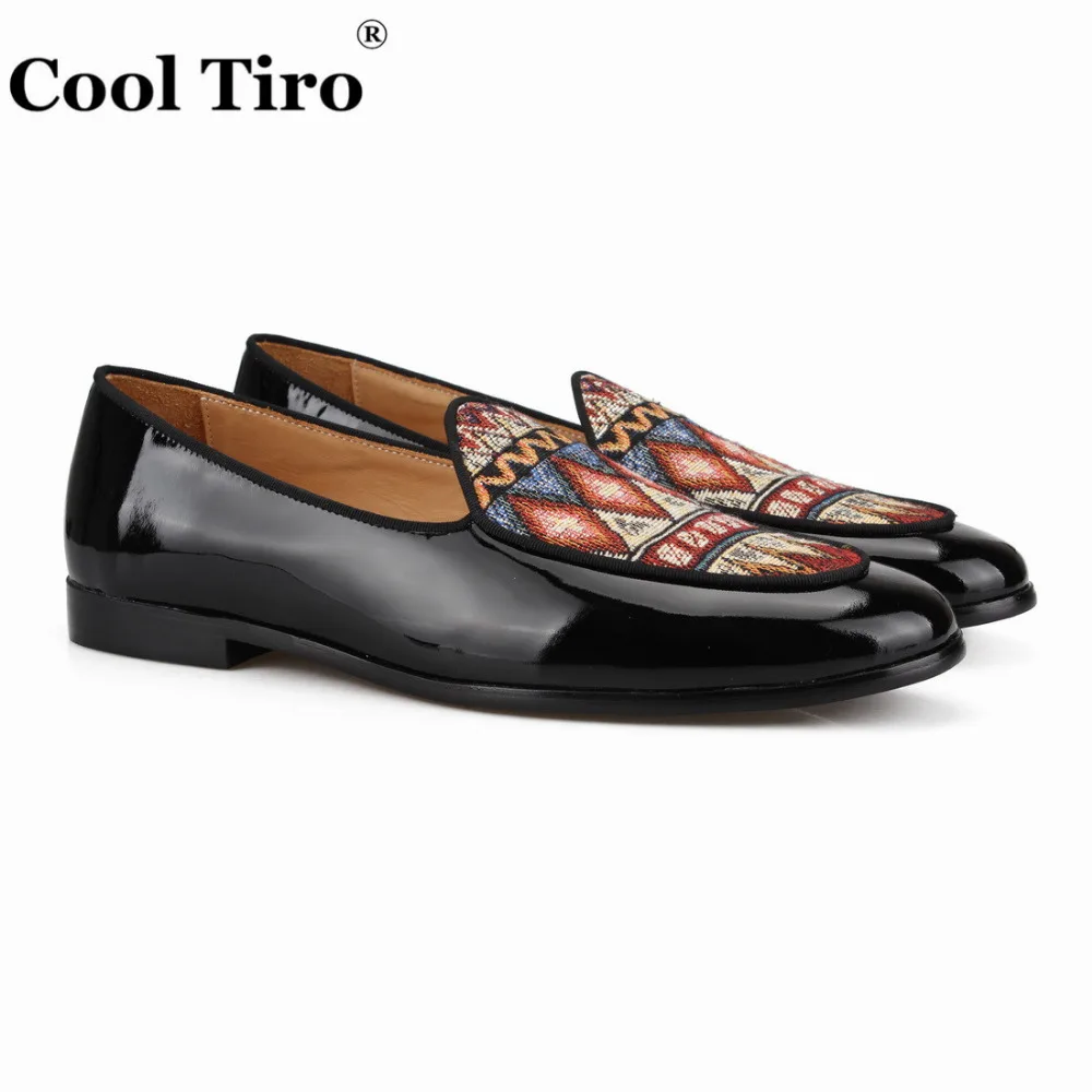 COOL TIRO new black Patent Leather stitching with Ethnic style pattern canvas loafers Banquet Wedding dress slip-on men shoes | Обувь
