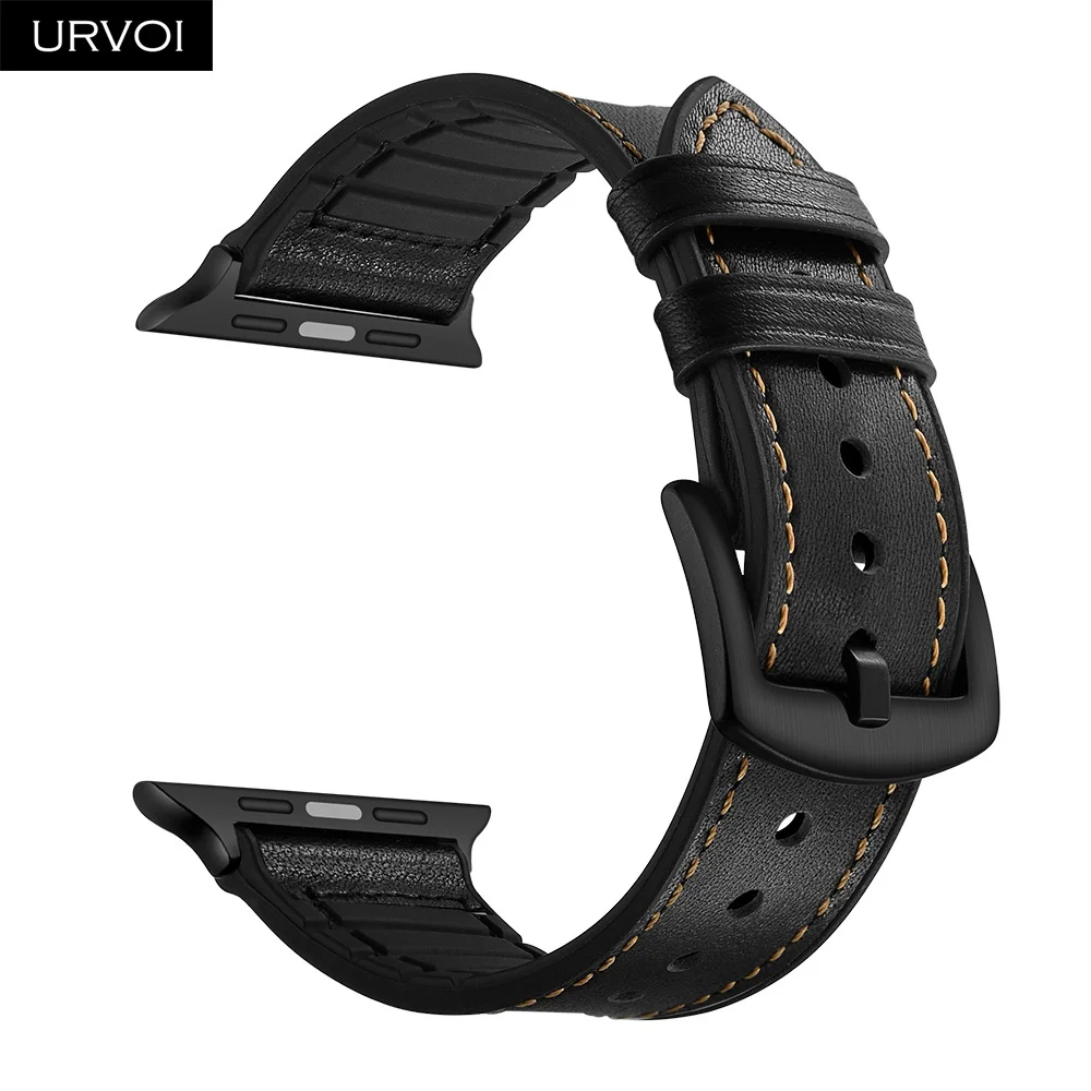 URVOI кожаный ремешок для apple watch, серия 4, 3, 2, 1, ремешок для iwatch, Силиконовая задняя камуфляжная черная пряжка, ретро кожаный ремешок - Цвет ремешка: Black