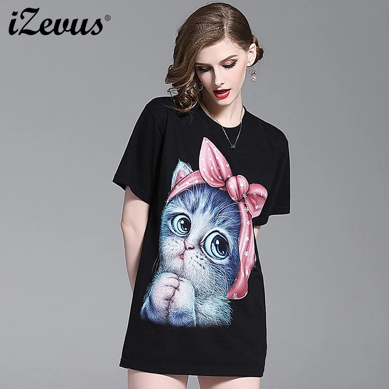 

IZEVUS 2019 new women's short-sleeved 3D cat bow comfortable combed cotton loose short-sleeved T-shirt long short paragraph