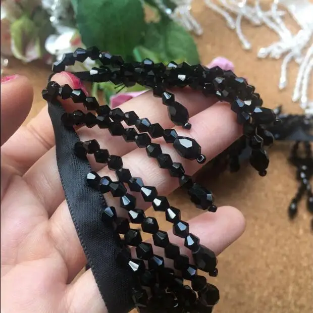 2 двор черный Белый Цвет Бисером Лента бахрома кружевной отделкой бисером