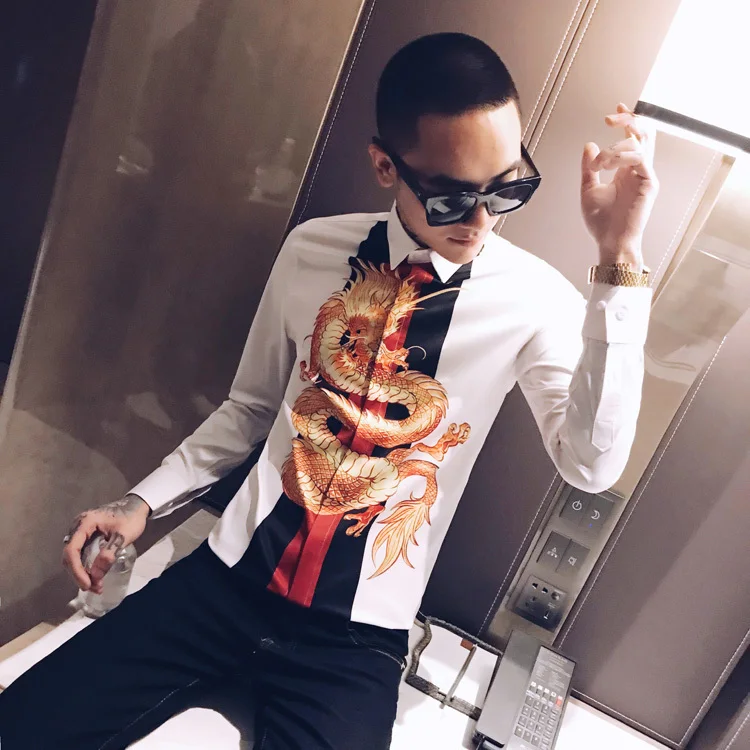 Роскошные сплайсированные ночной клуб смокинг модное платье рубашка Camisa Hombre Slim Fit рубашка Мужская Уличная с принтом дракона Мужская рубашка мужские рубашки