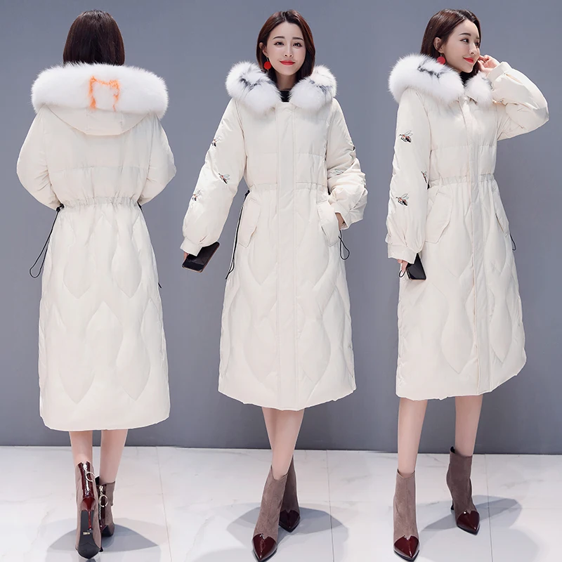 2019 элегантная парка тонкий меховой воротник маленькая Пчелка вышитая теплая