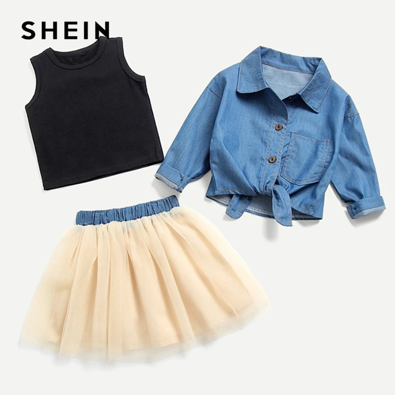 SHEIN Kiddie/комплект из джинсовой футболки с бантом и сетчатой юбки для маленьких девочек г. летние комплекты одежды с длинными рукавами для детей