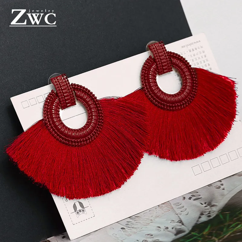 ZWC, модные, богемные, с кисточками, винтажные, массивные, висячие серьги для женщин, черные, красные, желтые, большие висячие серьги с бахромой, ювелирные изделия - Окраска металла: red