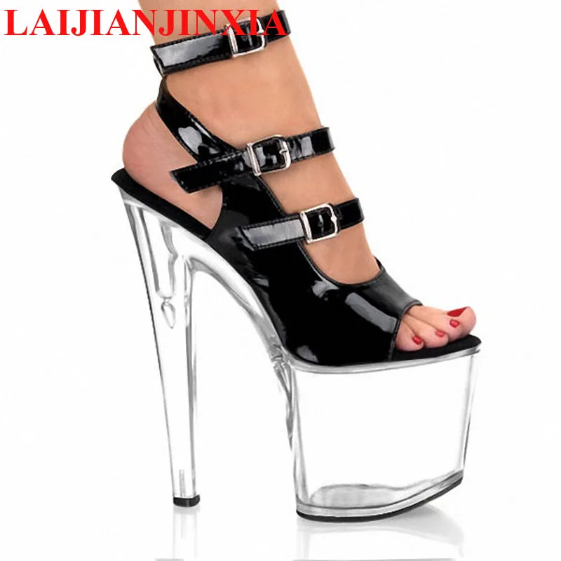 

LAIJIANJINXIA NEW 10CM Platform Shoes Ankle Strap 20cm Stripper Shoes Open Toe Black crystal shoes temptation high heels sandals