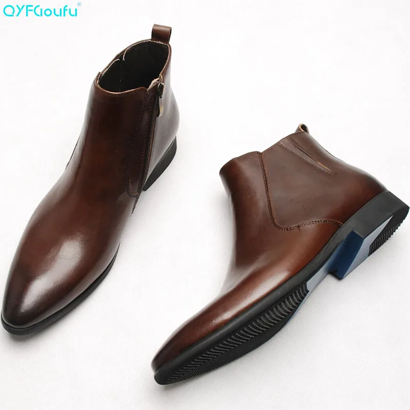 QYFCIOUFU Fashionable Genuine Leather Chelsea Boots For Men Pointed Toe Zipper Flat Handmade Italian Brand Mens Dress Boots