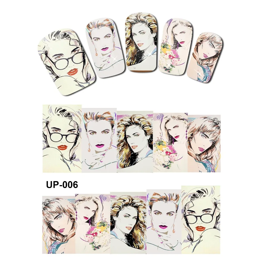 

UPRETTEGO NAIL ART BEAUTY TATTOO WATER TRANSFER DECAL SLIDER WATER COLOR FASHION SHOW GIRL VINTAGE PORTRAIT LADY UP001-006