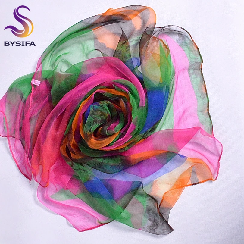 Женский длинный шелковый шарф BYSIFA зеленого и розового цвета 170*110 см 2019|scarf wrap|long silk
