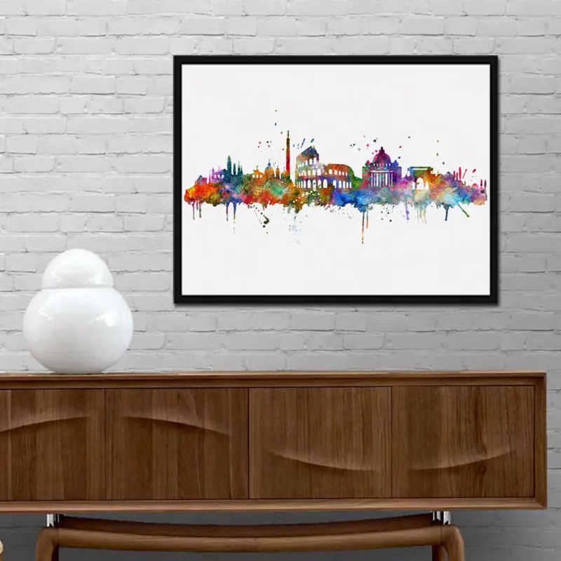 Римский город Skyline строительный акварельный плакат Италия силуэт живопись