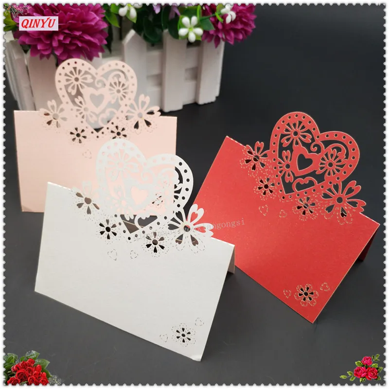100 шт Полые Любовь Сердце Лазерная резка дизайн Свадебный ужин романтические