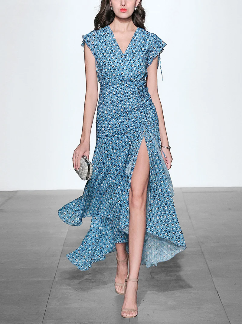 2019 летние модные женские платья с цветочным принтом коротким рукавом завязками