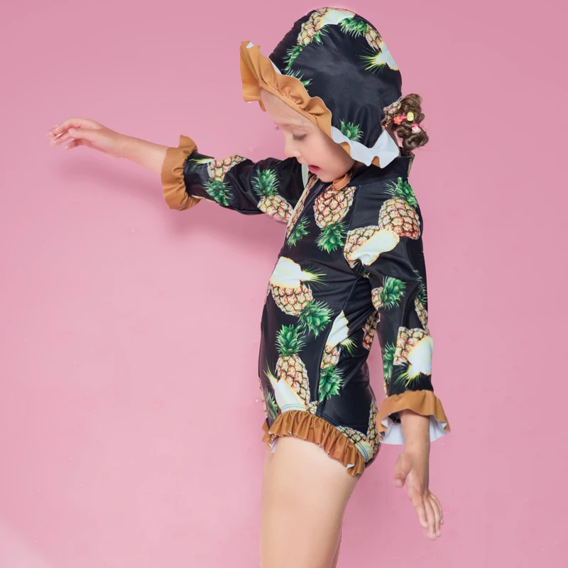 Pineapple Print Lovely Toddle Girls Swimwear Children Swimsuit One Piece Long Sleeves Sunscreen Bikini With Swim Cap | Спорт и