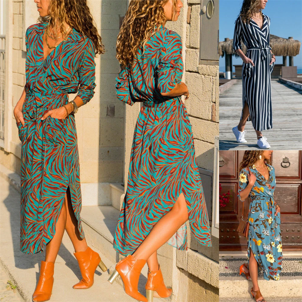 Hirigin женское летнее платье с запахом разрезом цветочным узором v-образным вырезом