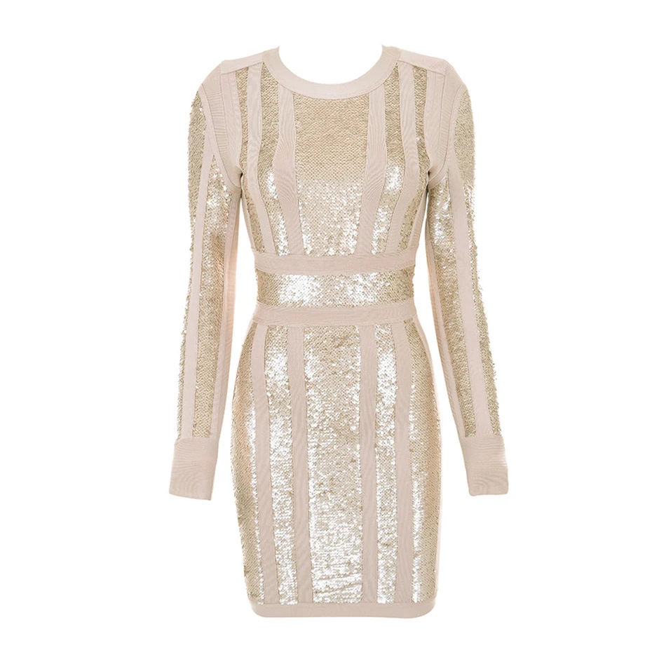 Amily.c 2021 New Summer Women Bandage Dress Sexy Bodycon O Neck Sequined Celebrity Party Black Apricot Dresses Vestidos | Женская одежда