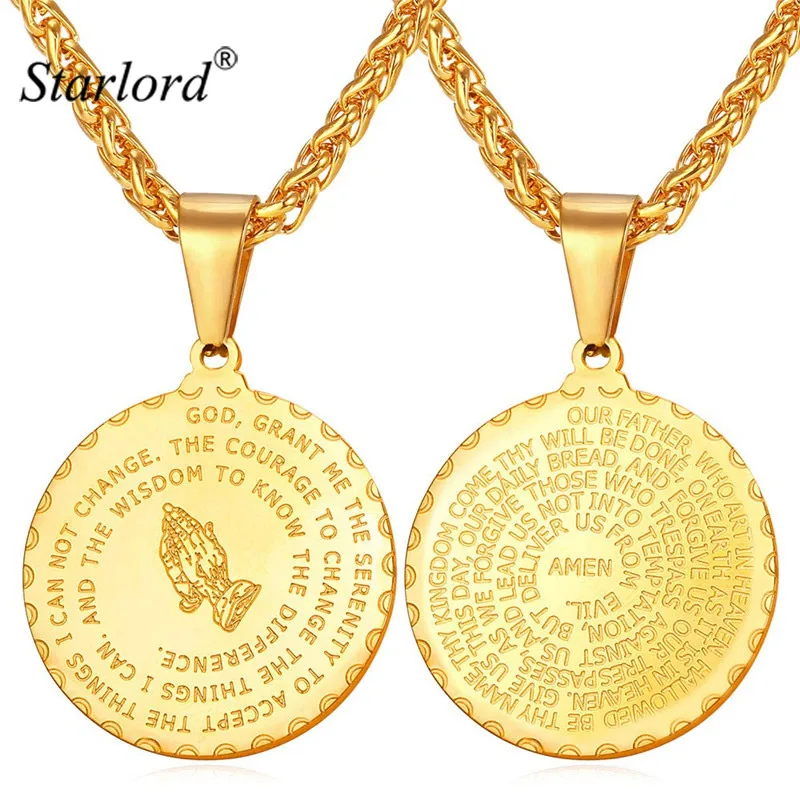 

Starlord Praying Hands Pendants Necklaces& Bible Verse Prayer Coin Jewelry Vintage Gold Color Stainless Steel Bijoux Men GP2356