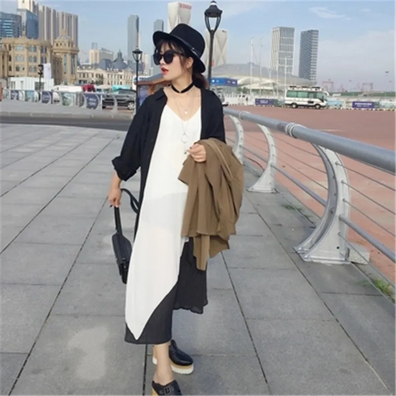2018 spring dress new temperament loose hem splice Sling long knee Женская одежда