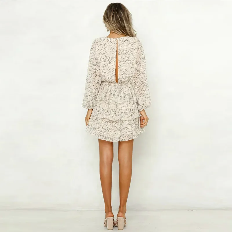 Платье в горошек для женщин Белый спинки Мини платья вечеринок с длинным рукавом