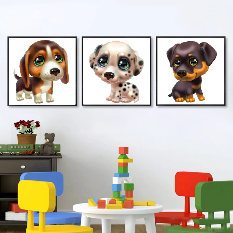 

Lovely Animal Painting 3 Pieces Cute Dog Canvas Artwork 3D Cartoon Puppy Wall Hanging Picture For Baby Kids Bedroom Decor Gift