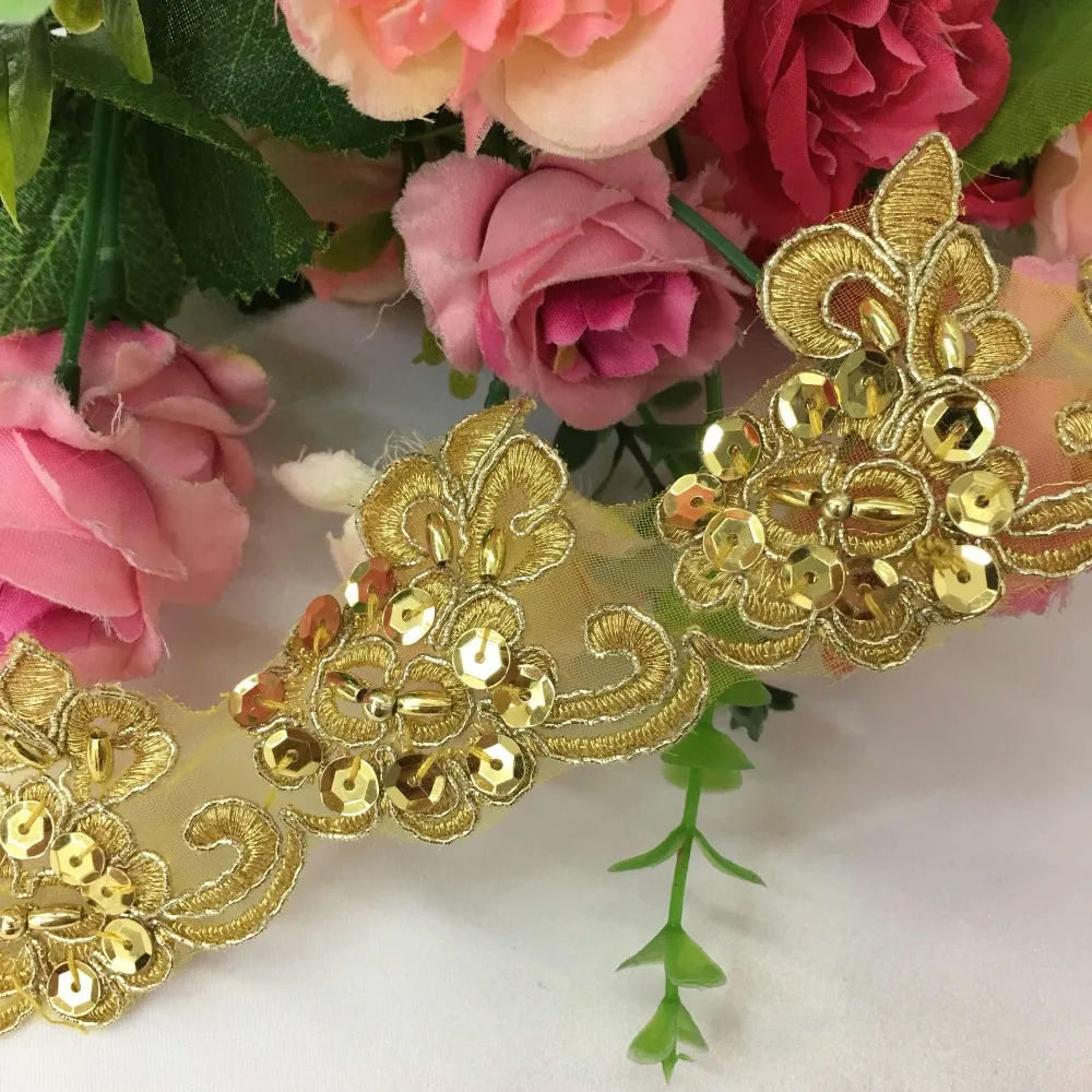 

New available 4.5CM gold lace trim 5 yards/lot Beaded lace sequins lace trimming sewing for lady full dresses