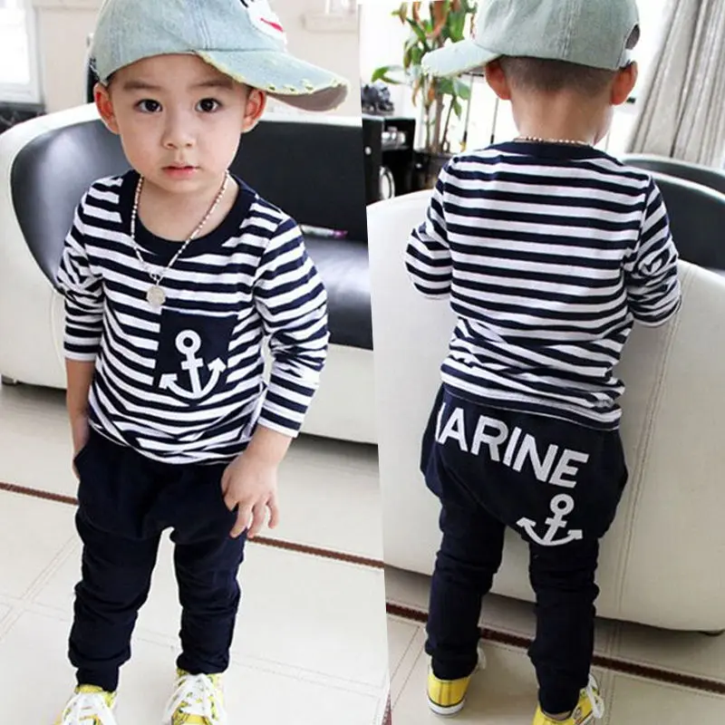 Infant Kid 2pcs Toddler Kids Baby Boys T-shirt Tops Long Sleeve Striped Anchor Pants Trousers Outfit Clothing Set Child Boy |
