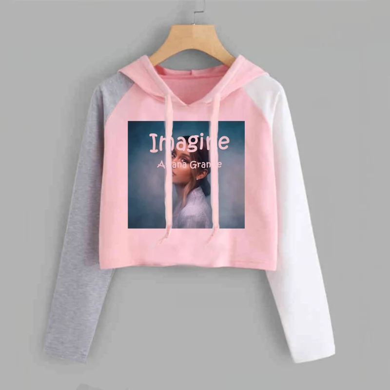 pink 15 Ariana Grande, укороченный топ с капюшоном, Женская Толстовка без слез, толстовка с надписью «Thank U Next Imagine Yuh», весенне-осенняя укороченная одежда - Цвет: pink 15