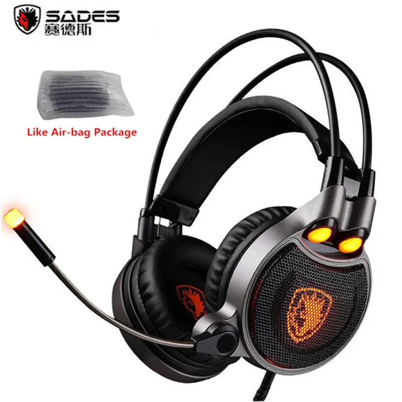 Sades R1 USB 7,1 объемный стерео звук вибрации Игровые наушники с микрофоном светодиодный светильник PC Gamer игровая гарнитура для компьютера - Цвет: Orange Pvc Package