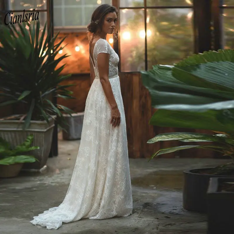 Великолепное Кружевное Свадебное платье в стиле бохо 2020 с хрустальным поясом