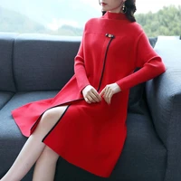 2019 new womens spring autumn sweatshirts dress female long sweater tops winter o neck candy color split ends knit dress d046