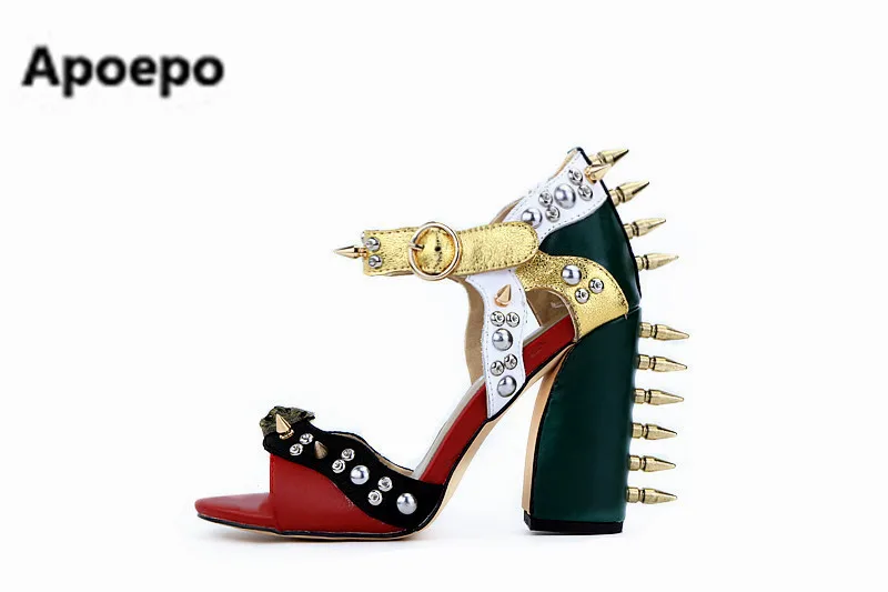 

Newest Mixed color high square thick heel buckle strap metal rivets and beautiful crystal decorated party woman sandals