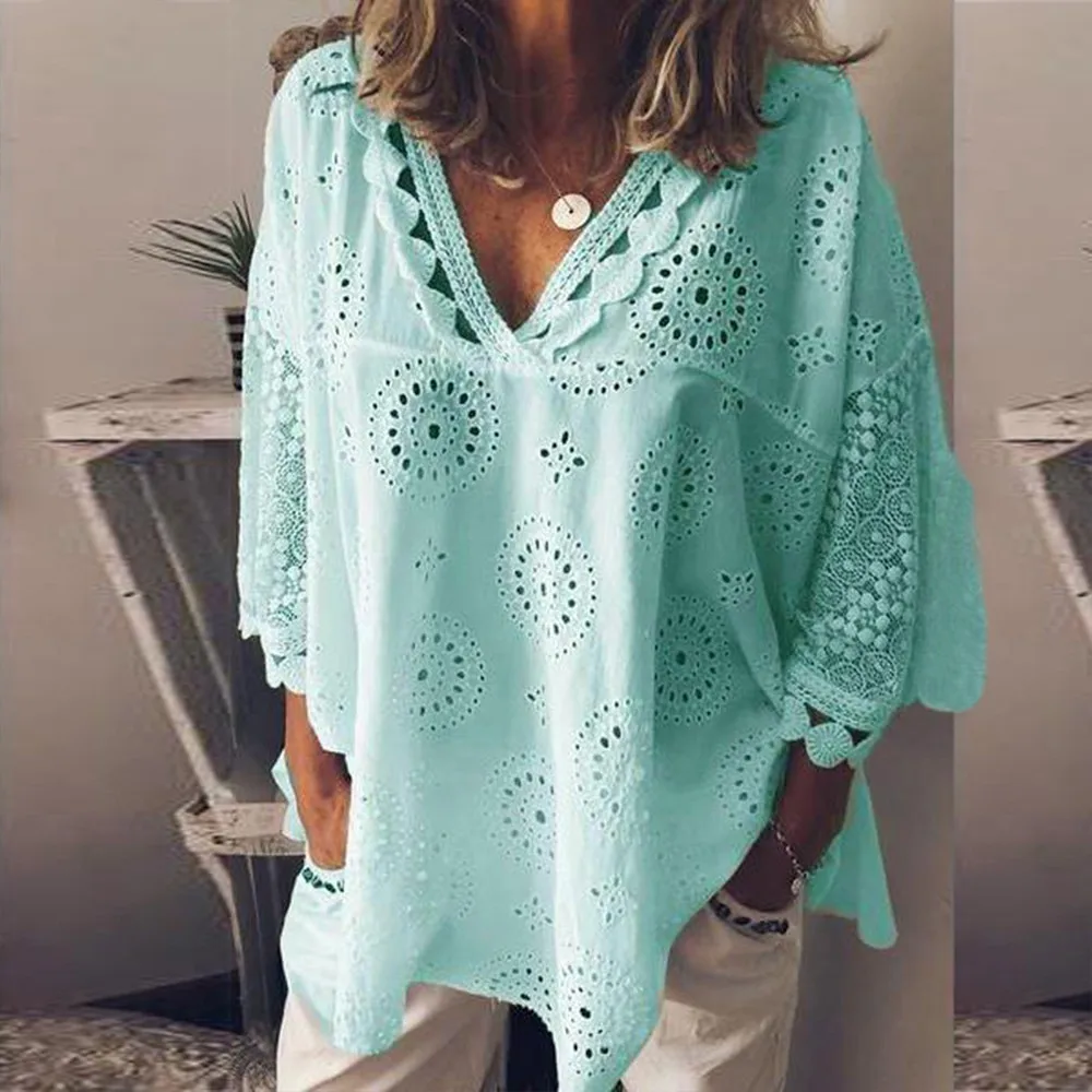 Casual Lace Hollow Out Blouse Women 2019 Summer V Neck Long Sleeve Tunic Solid Cotton Female Blusas Shirts Plus Size 5XL | Женская