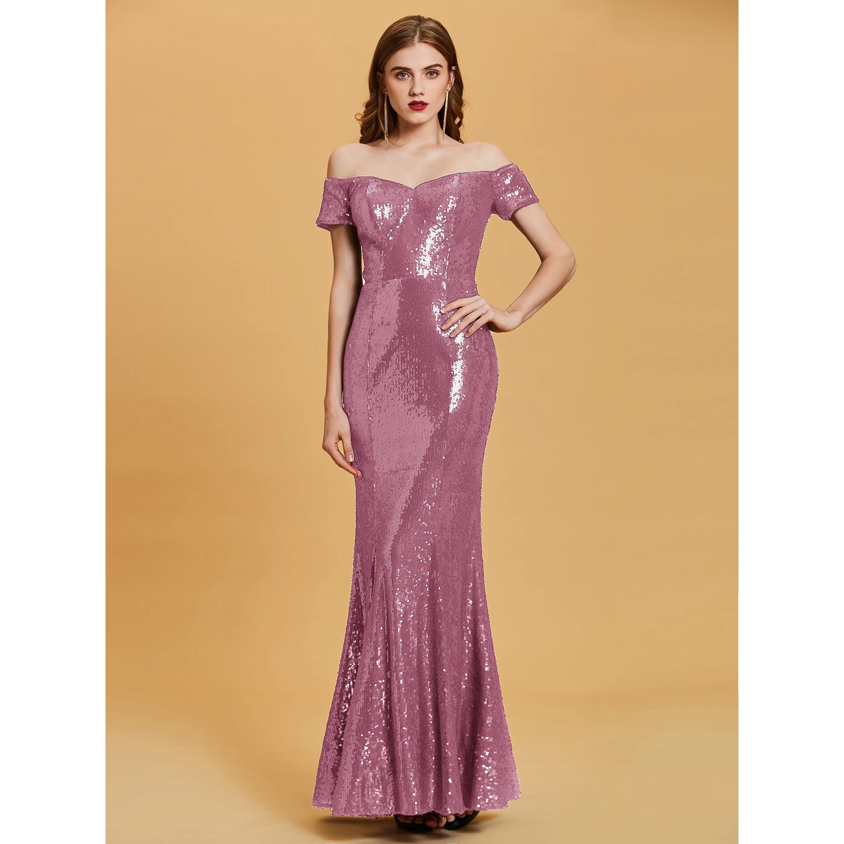 Dressv бордовое вечернее платье, дешевое, с открытыми плечами, с пайетками, Русалка, свадебное, вечернее платье, труба, вечернее платье es - Цвет: Pink