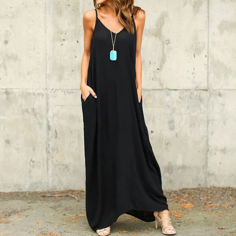 2018 модные пикантные одноцветное о шеи Спагетти ремень Нерегулярные Макси платье