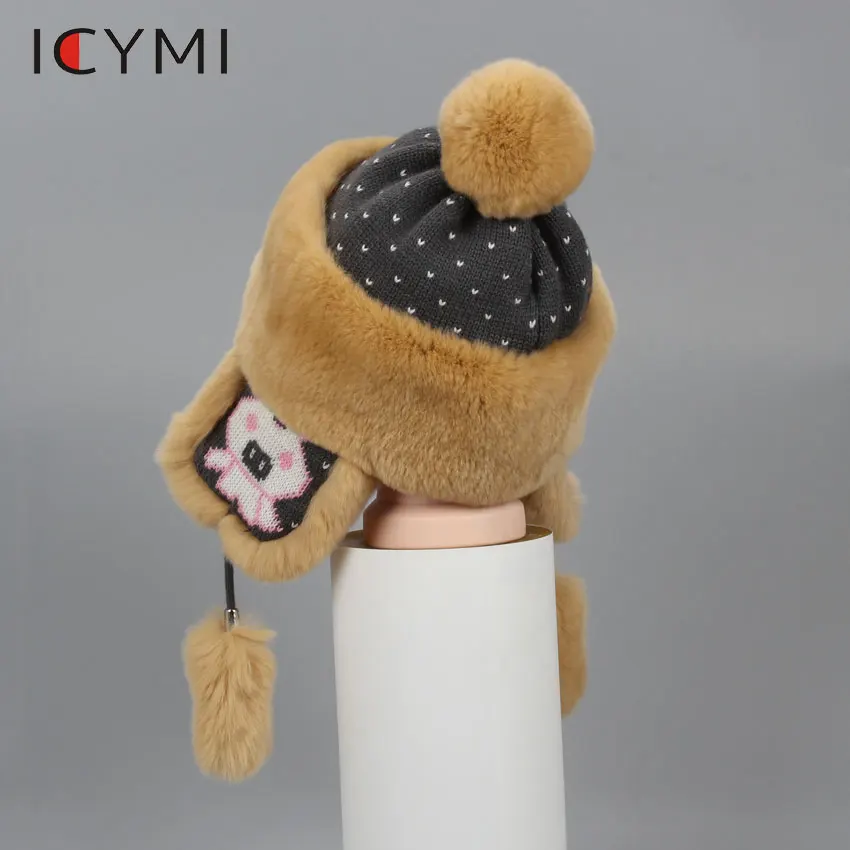 ICYMI Winter Real Full Pelt Rex Rabbit Fur Bomber Hats Children Kids boys girls warm fur Bomber Cap Cute Earmuff Hats Caps