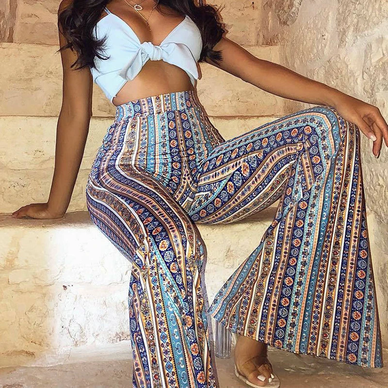 

Print Boho Flare Pants Women Fashion Loose Long Pant Tribal African Print Wide Leg Trousers Bell Bottom Leggings Pants Elastic