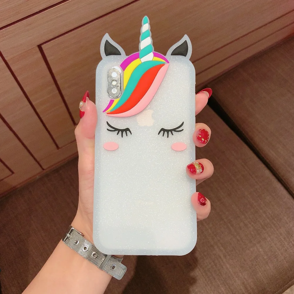 3D мультфильм милый розовый мягкий силиконовый чехол для iPhone 5 6 S X XS 7 8 Plus чехлы для телефонов Fundas Coque Capa резиновый Блестящий Единорог