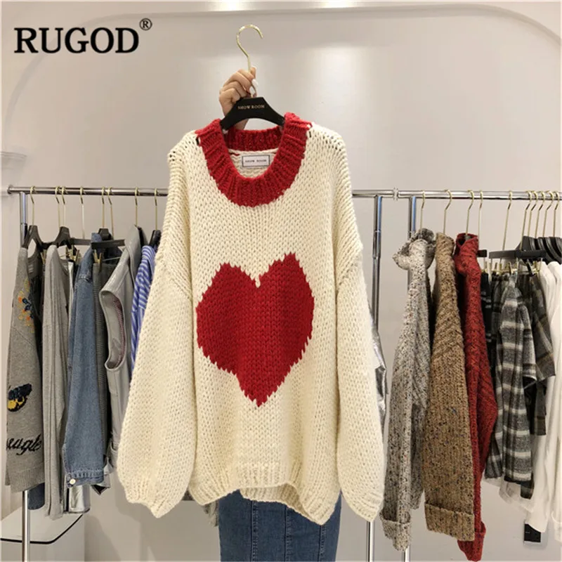 Женский вязаный свитер RUGOD красный свободный с принтом в виде сердца круглым