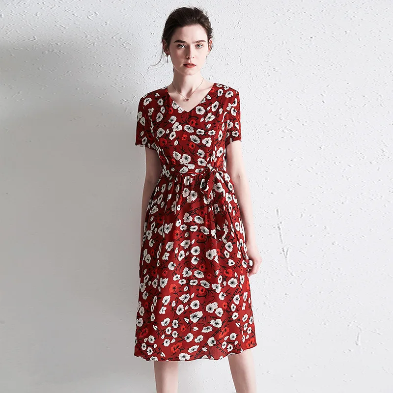 Женское платье с цветочным принтом PIXY красное шелковое средней длины