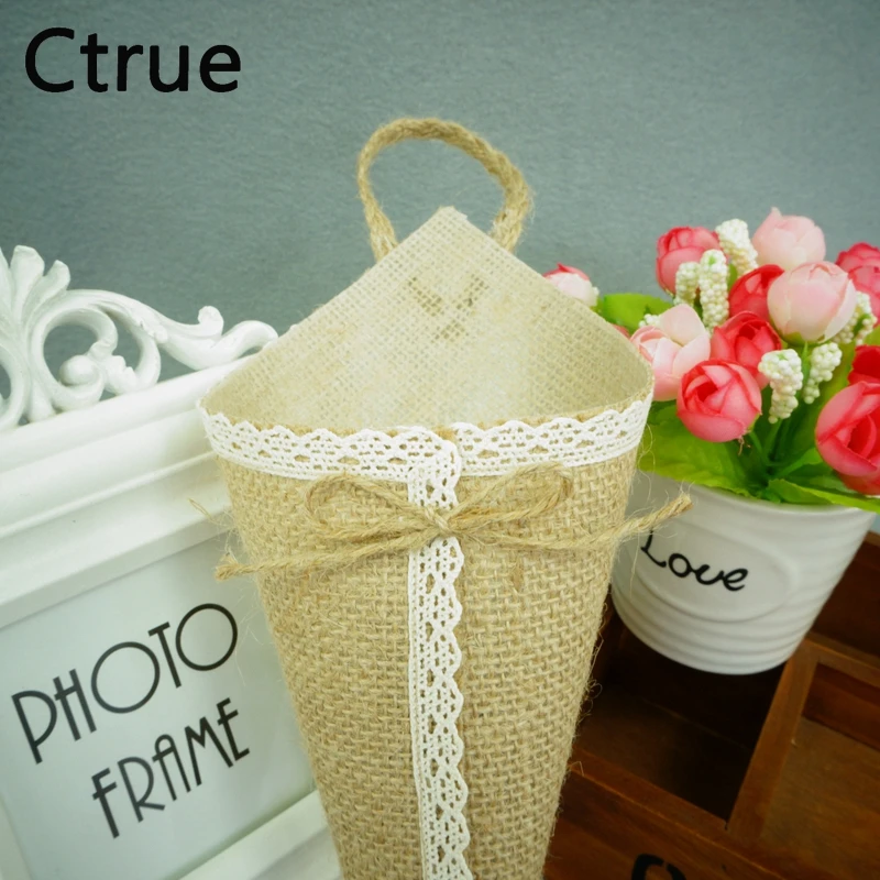

12pcs/lot burlap jute Hessian Pew Cone Flower Holder Christmas rustic wedding centerpieces vintage wedding decoration