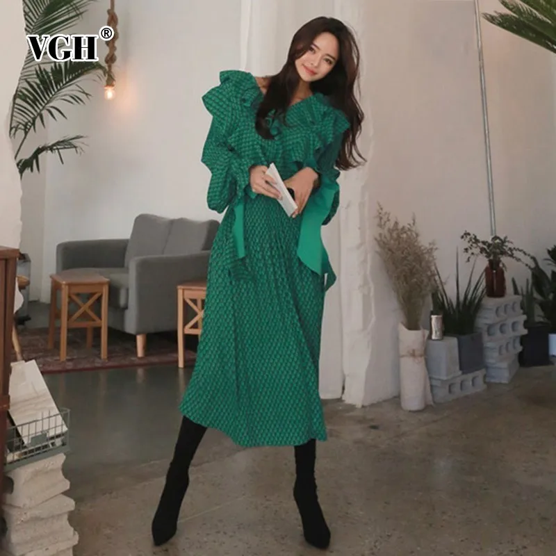 Женское платье с поясом VGH длинное плиссированное средней длины