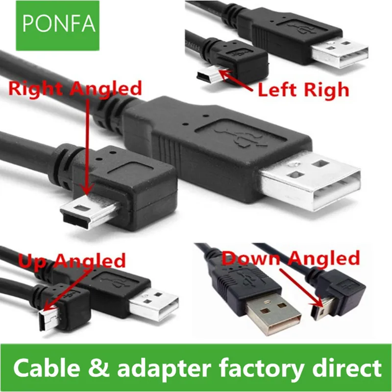 Кабель для передачи данных с USB 2 0 папа на Mini B Type 5pin 90 градусов вверх и вниз влево