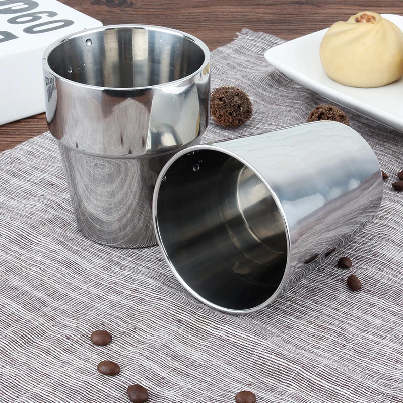 

1pcs 304# stainless steel water cup Double layer cup restaurant tea Beer milk Drinks cup 300ml